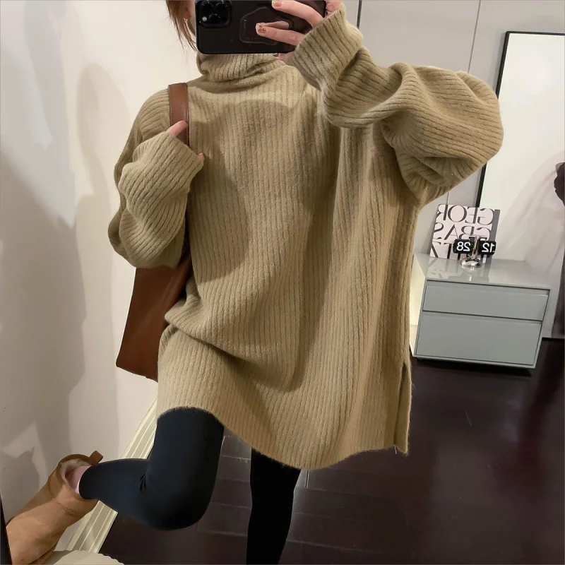 Korean Version Lazy Style Turtleneck Sweater Women's Autumn Winter Split Design Sense Pullover Solid Color Knit