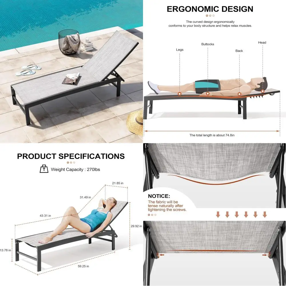 Outdoor Aluminum Pool Chaise Lounge Chairs, Adjustable Five-Position Recliner, All-Weather Patio Furniture, Ideal for Tanning an