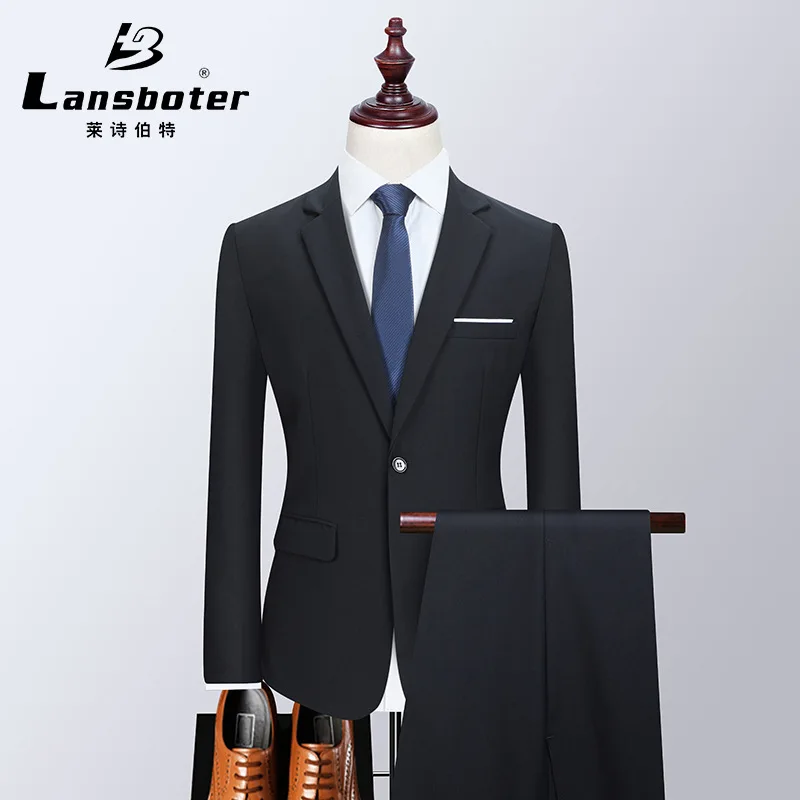 

Lansboter Navy Blue Men's Suit Set One Button Split 2 Pieces Business Slim Fit Professional Wedding Suit Coat With Pants