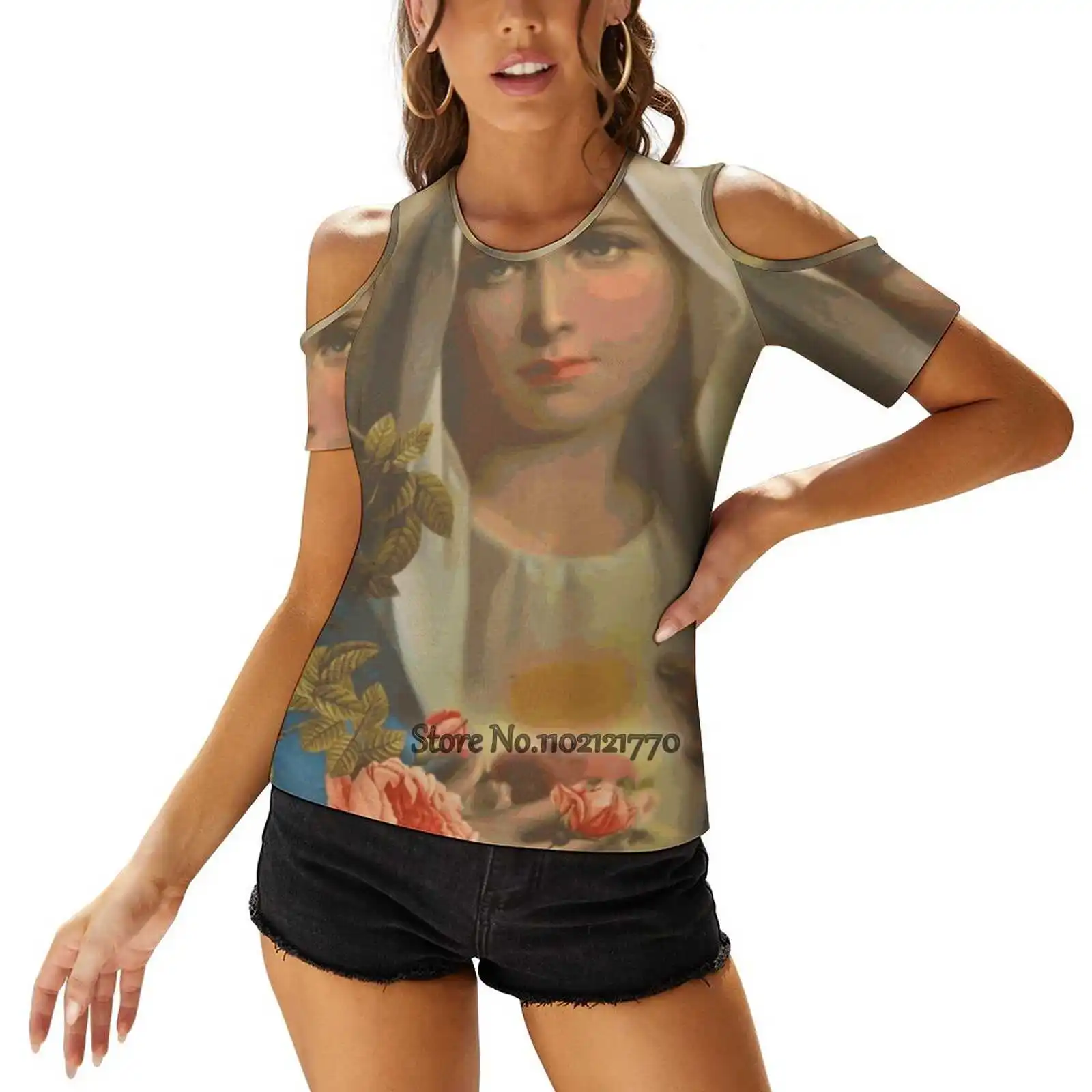 Of May Fashion Print T Shirts Women Ladies Girls T-Shirt Harajuku Short Sleeve Tops & Tees Virgin Mary Blessed Mother Mother