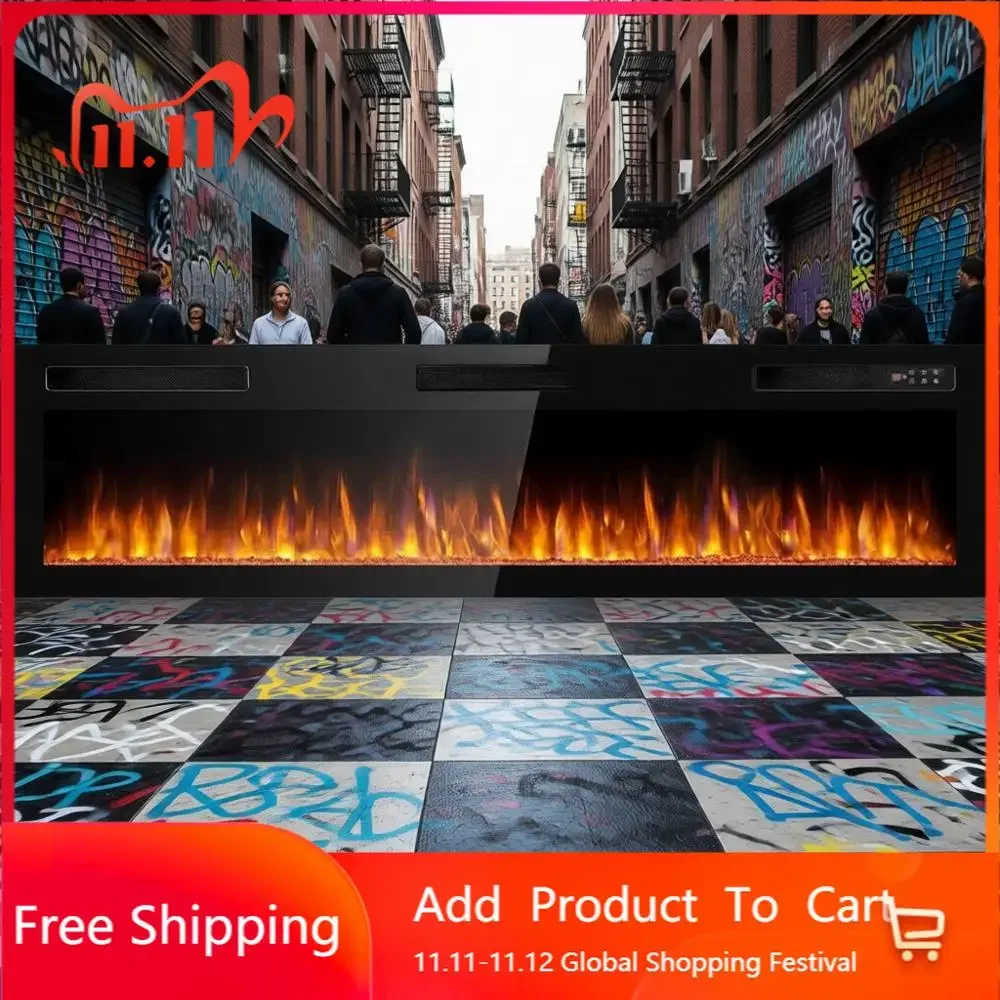 

Ультратонкий линейный электрический камин 72 дюйма, настенный, с регулируемым пламенем и скоростью, сенсорный пульт ДУ, 8-часовой таймер