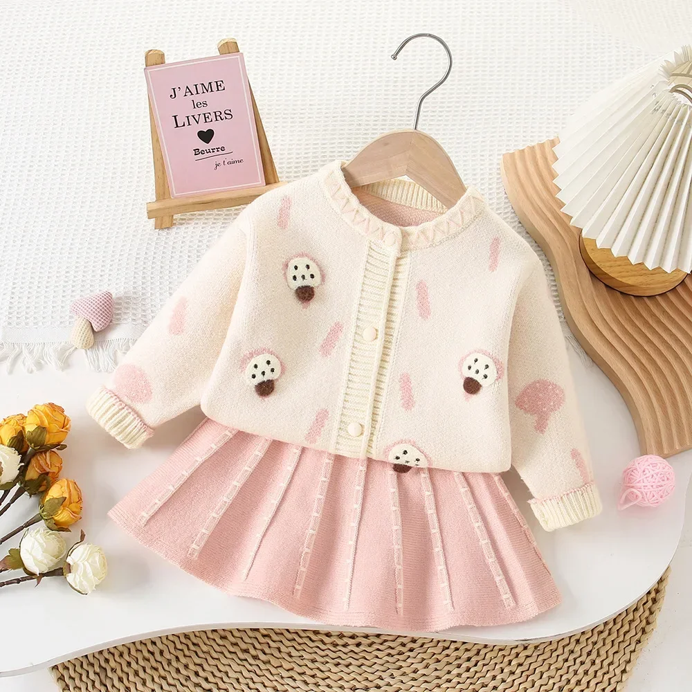 Children's Clothing Sets Cute Mushroom Knit Cardigan + Pleated Skirt Girls Spring Autumn Clothes Sweater Suit for 2 To 6 Years