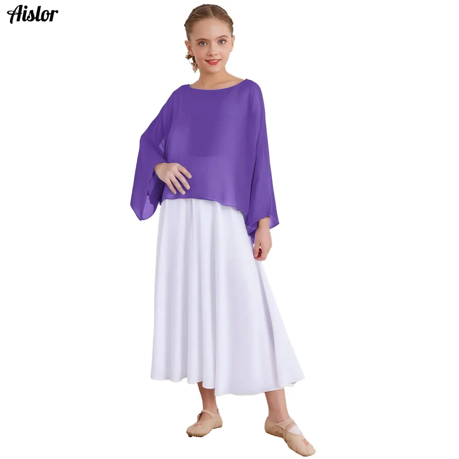 

Kids Girls Chiffon Cape Liturgical Praise Dance Top Long Sleeve Pullover Shawls Shrugs Bolero for Lyrical Dance Church Choir