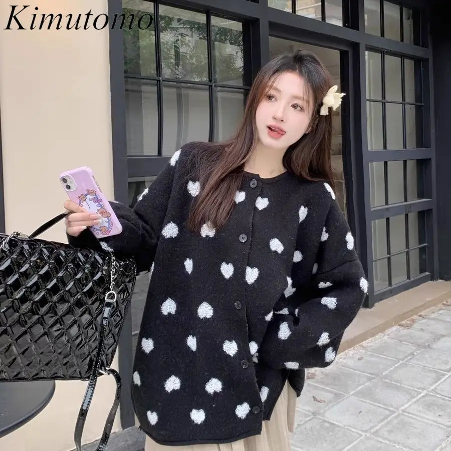 Kimutomo Heart Jacquard Oversized Cardigan Women Contrast Sweet Single Breasted Knitted Cardigans Korean Chic Kawaii Swewater