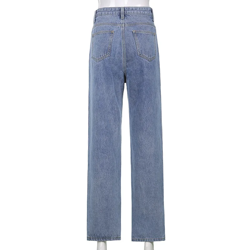 Fashion Love Sequined Trousers Split Blue Jeans Women's 2024 Summer High Waist Casual Drape Straight Trousers Boyfriend Jeans