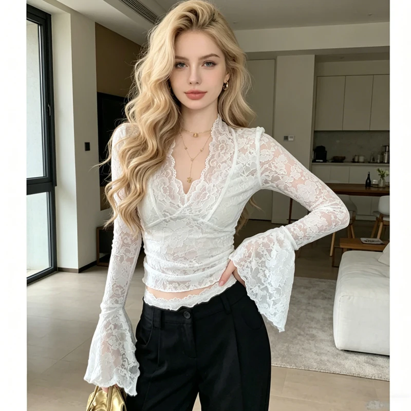 

Новая женская блузка с V-образным вырезом, приталенная, кружевная, короткая, тонкая, сексуальная, с длинным рукавом, однотонная, повседневная, в стиле Y2K, милые топы для весны и лета