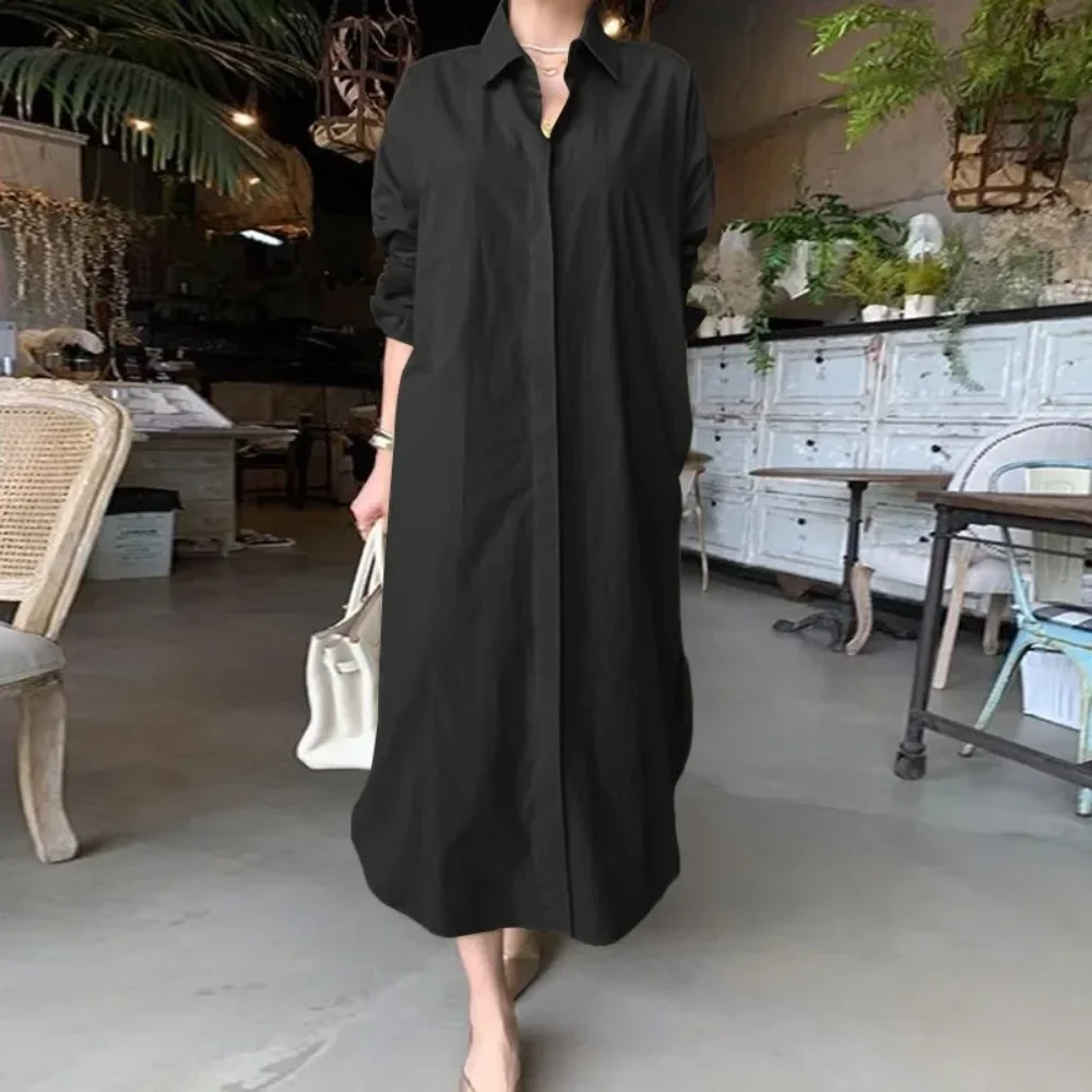 

Plus Size Women's Elegant and Fashion Lapel Long Sleeved Loose Fitting Dress with Solid Color Buttons Casual Long Shirt Dress