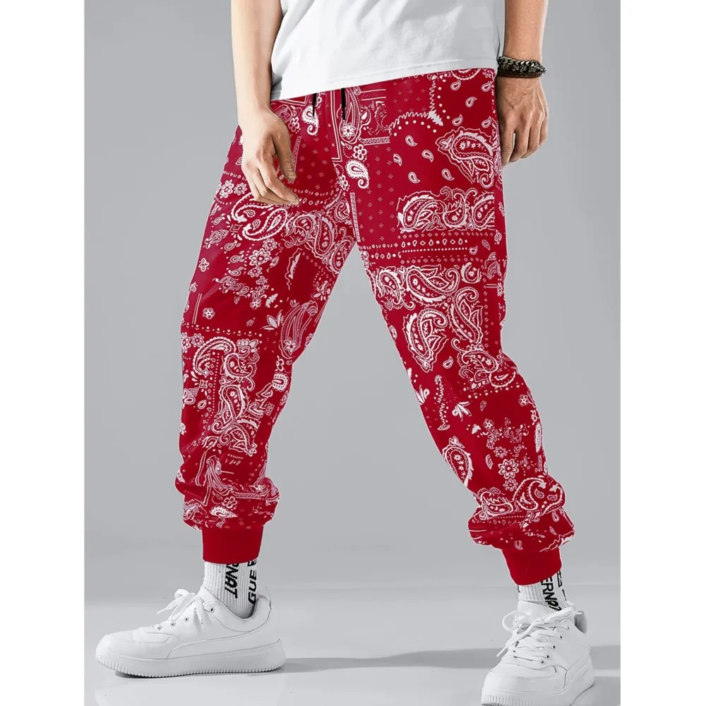 Vintage Style Paisley Patterns Street Pants Men's Side Pockets Elastic Drawstring Sweatpants Joggers Pants Casual Trousers Fall