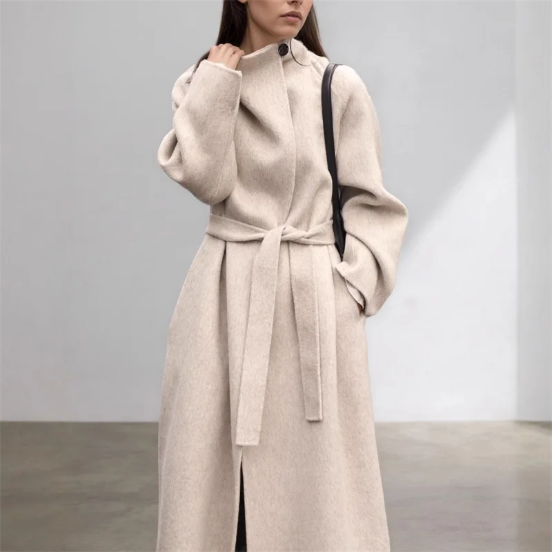 

Autumn Korean Style Women Wool Coat 2025 Knee Length Double Faced Tweed Overcoat Loose Fit Slimming Long Jacket Hepburn Fashion