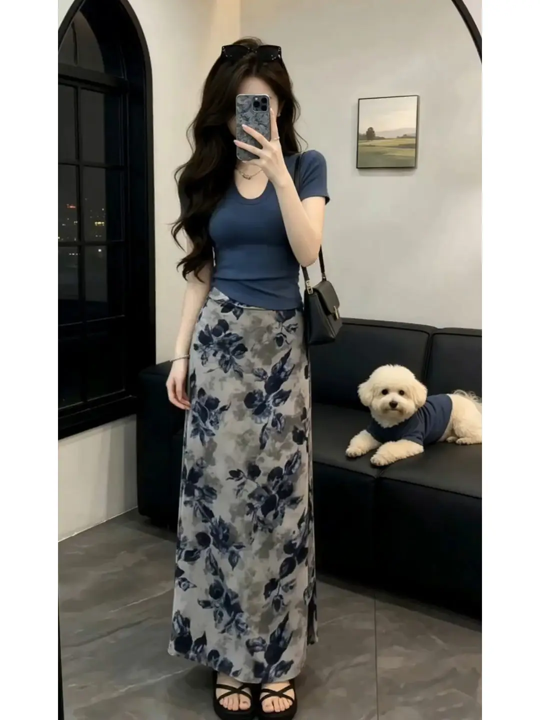 

Blue Floral Print Dress Set Women's Summer Fashion High Waist Short Sleeve Two Piece Suit Complete Outfit Korean Style