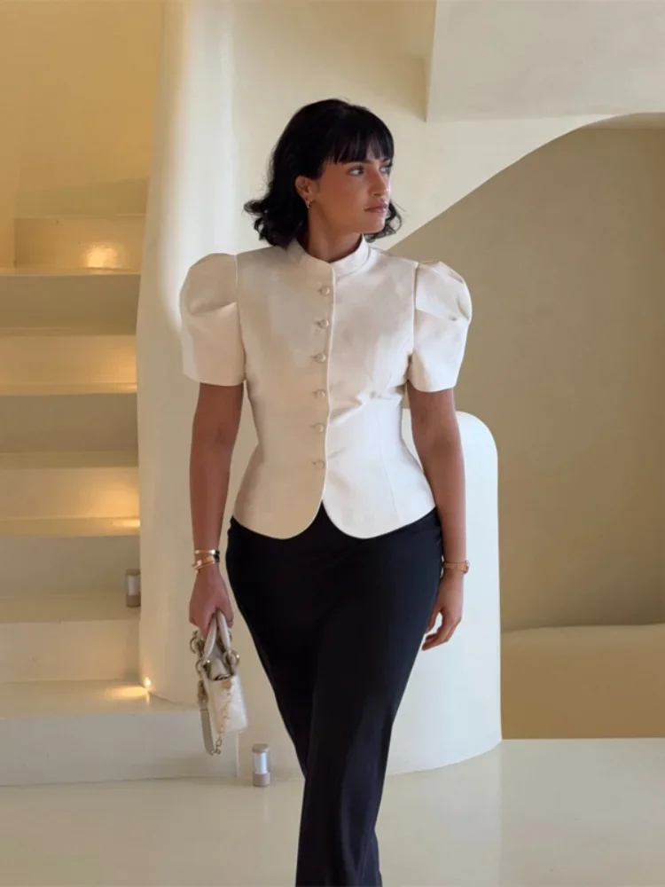 Satin Waist Cinched Bubble Sleeve Top Women Fashion Stand Up Collar Single Breasted Short Shirt Lady Commuting Daily Tops 2026