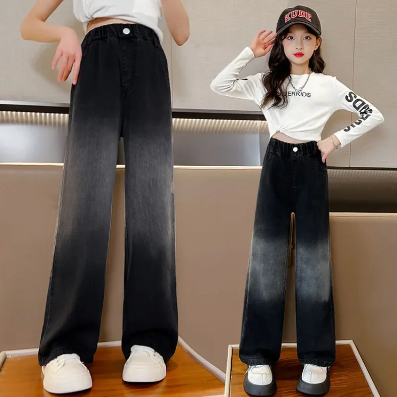 

Teenage Girls Jeans 2024 Spring Autumn Children Loose Casual Pants Kids Gradient Straight Denim Trousers 5 6 8 10 12 14 Years