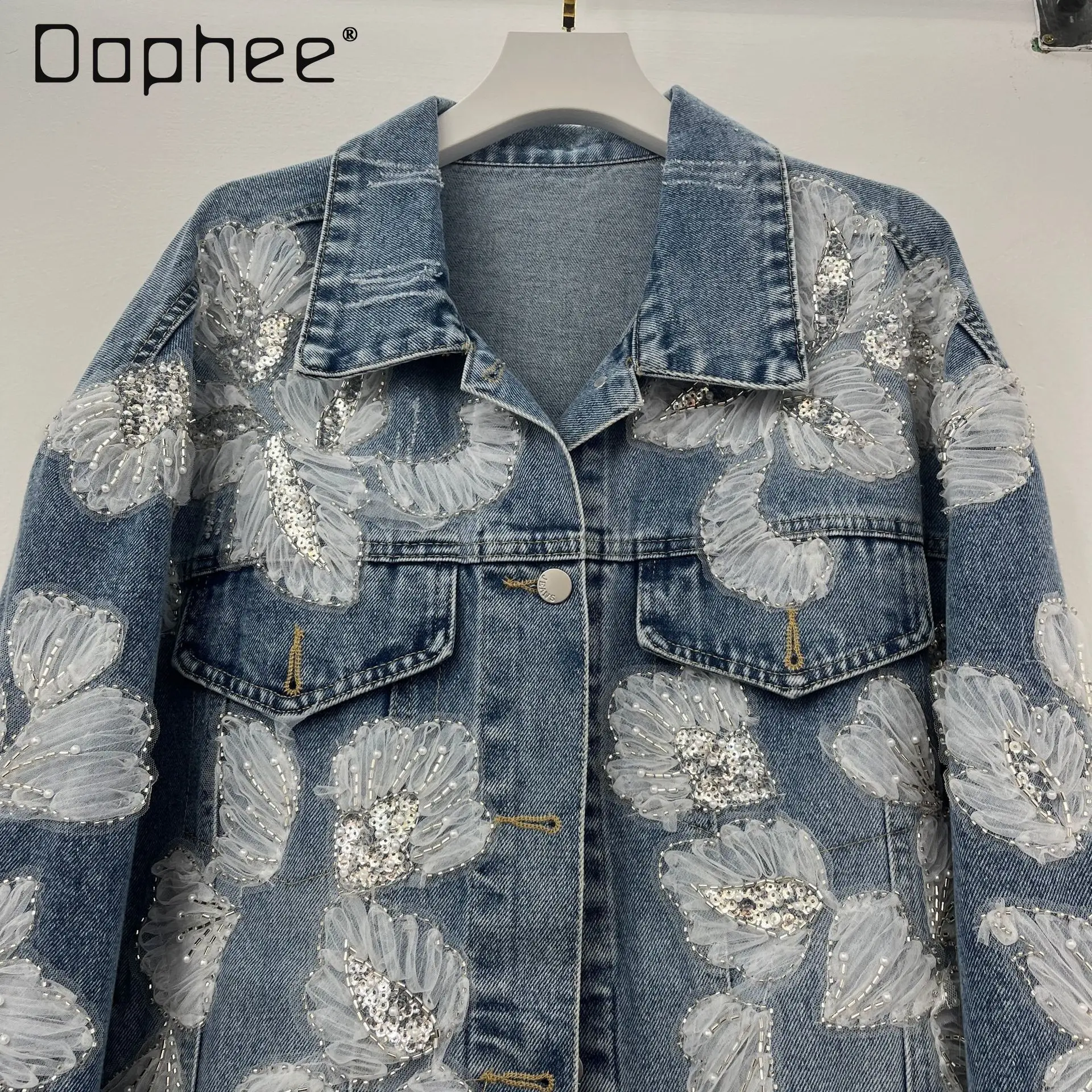 Spring Autumn European Street Trend Sequined Beads Flower Splicing Color Lapel Long-sleeved Denim Jacket Loose Casual Jackets