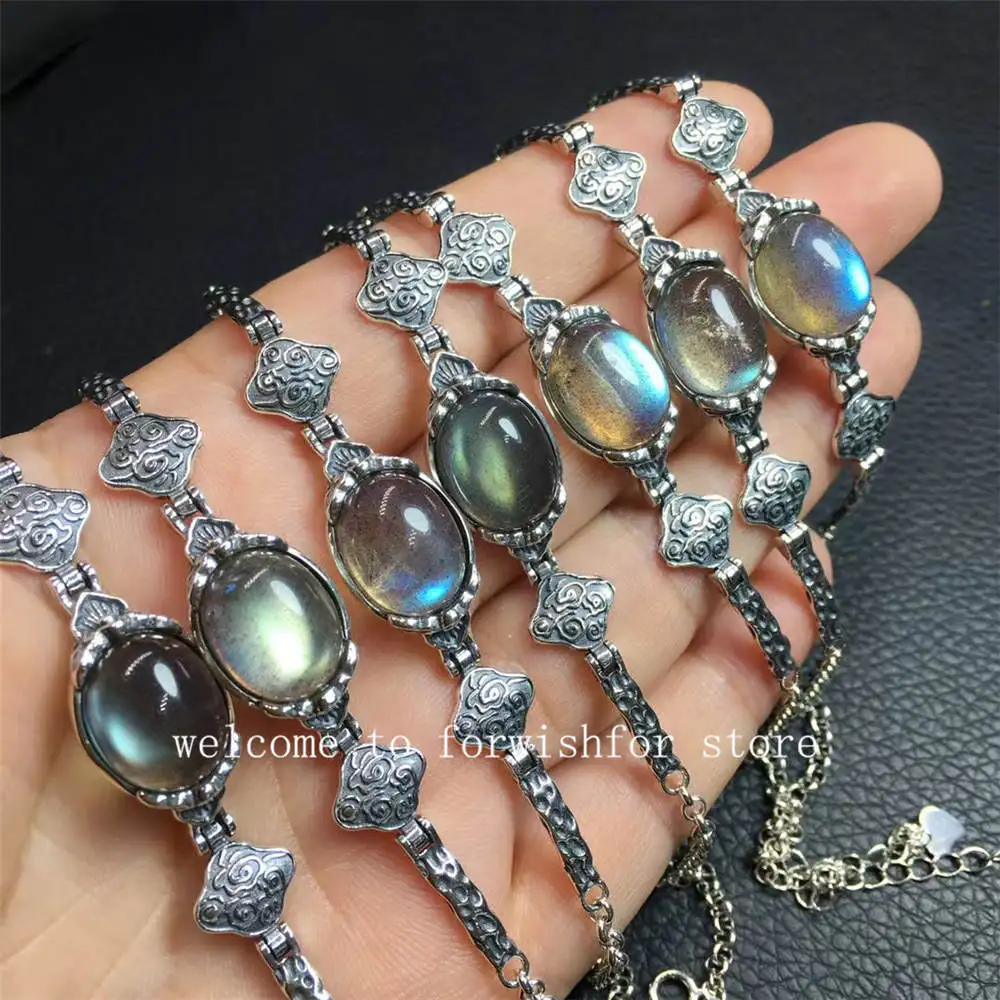 Natural Labrador Moonstone 925 Silver Bracelet Grey Halo Apatite Bracelet Charm Silver Bracelet Women's Gift