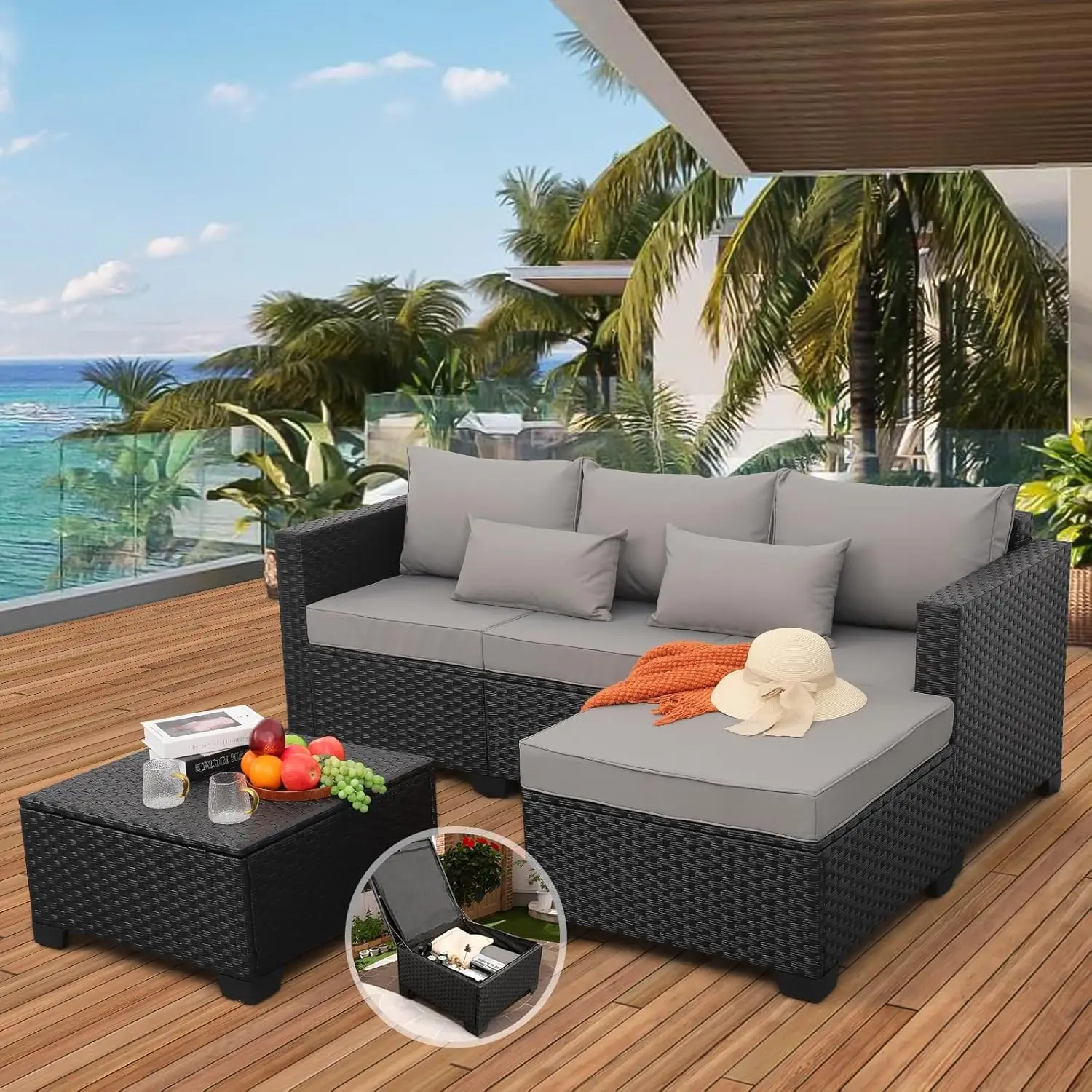 Rattaner Set furnitur teras 3 buah, anyaman teras luar ruangan dengan Ottoman dan luar ruangan