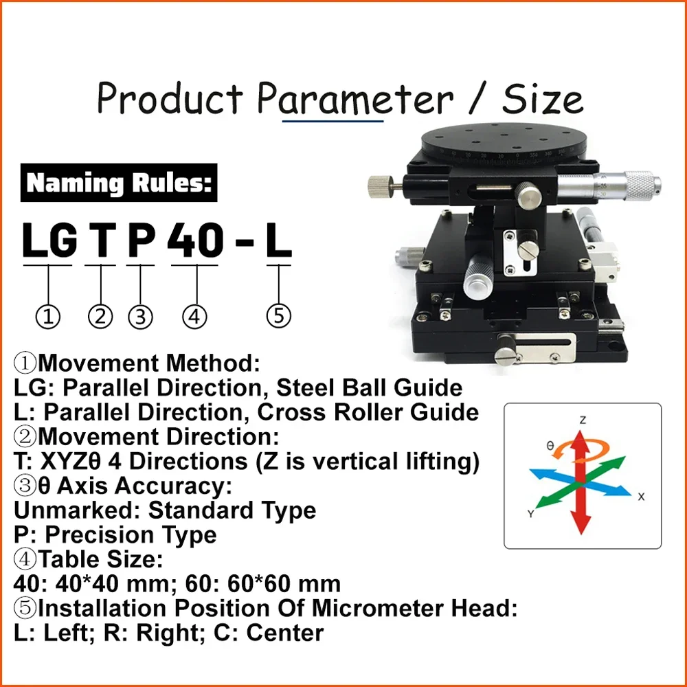 XYZR Axis Manual Mini Displacement Platform High Precision 40/60mm Micrometer Linear Stage XY/Z/R Axis for Machine Workshop