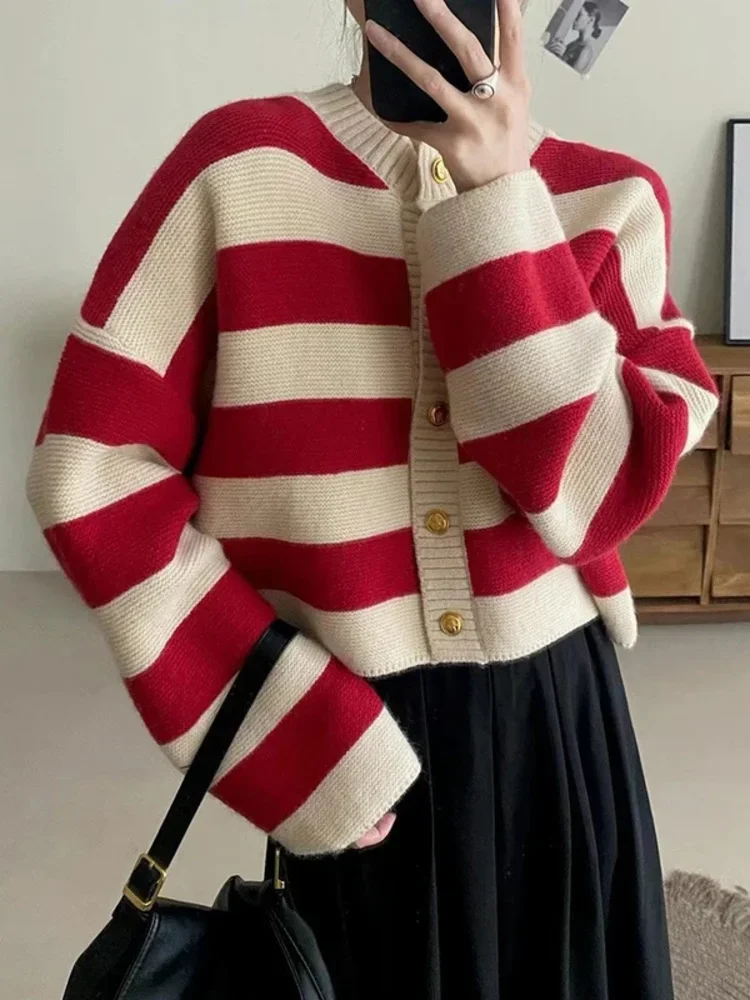 Korean fashion sweater cardigan women knitted striped sweater autumn winter long sleeve loose short cardigans female casual tops