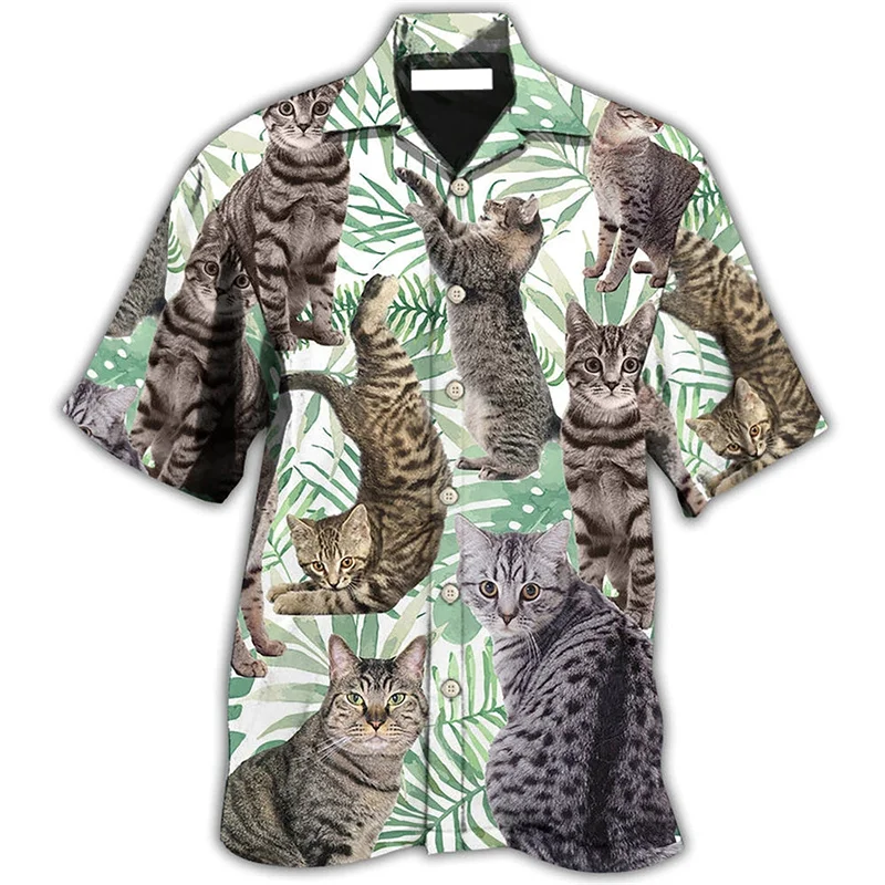 Chemise graphique chat coloré pour hommes, imprimé en 3D, animal hawaïen, chemises de plage d'été, manches courtes, chemisier à revers boutonné Y-Cool