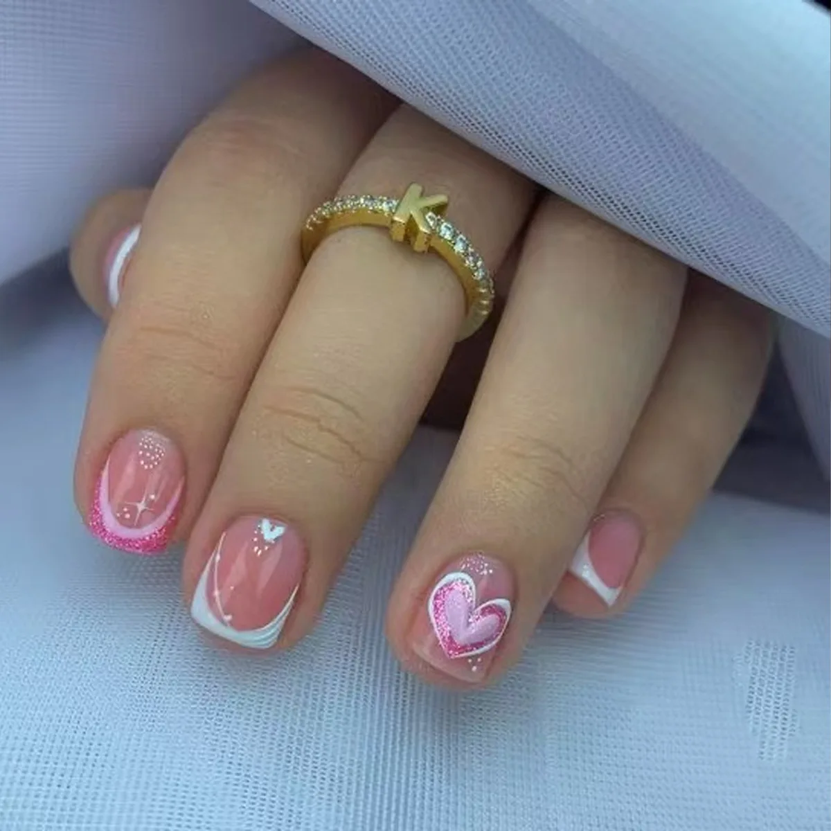 24-delige korte vierkante nagels set druk op roze luipaardprint hart kunstnagels gouden glanzende poedergradiënt draagbare nepnagels tips