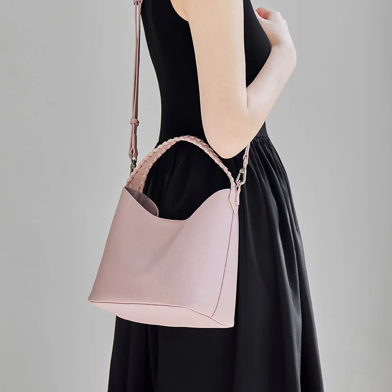Women's Casual Bucket Bag with Detachable Inner Pouch Genuine Leather Multi-Functional Lady Shoulder Bag Classic Crossbody Bags