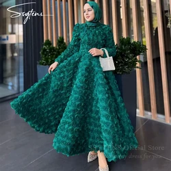 Luxury 3D Flowers Prom Dress Customized Green A Line Muslim Evening Dress Gowns Long Saudi Arabia hijab Wedding Party Dresses