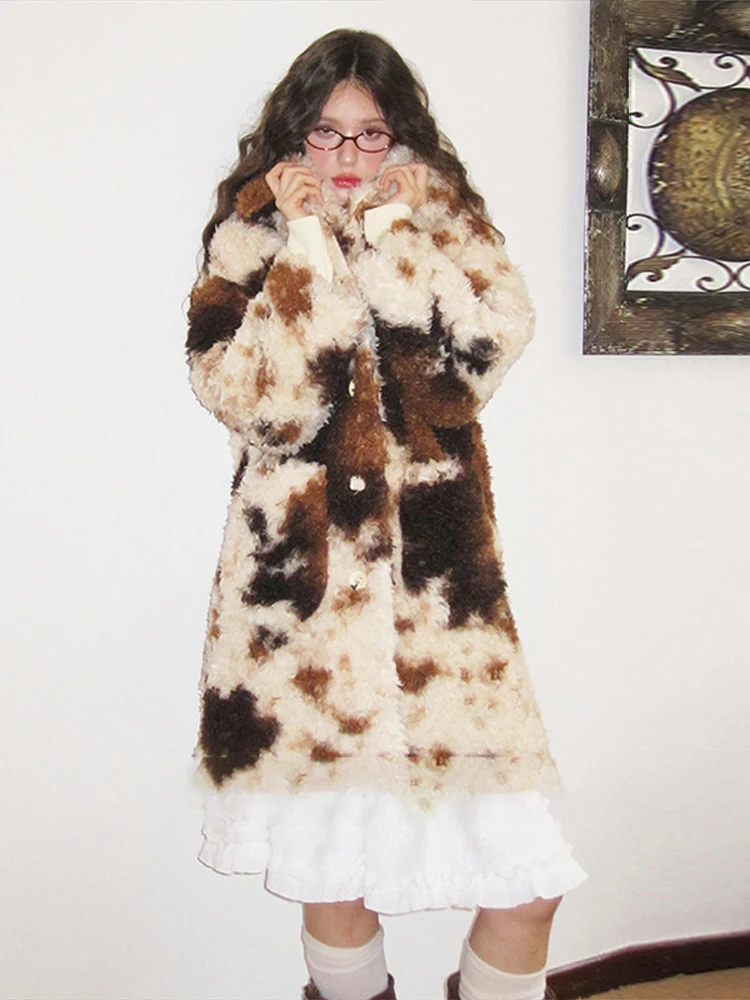 Warme Faux Pelz drehen-unten Kragen Mantel Frauen Mode Einreiher Lose Leopard Print Outwear Dame Herbst Winter Chic jacken