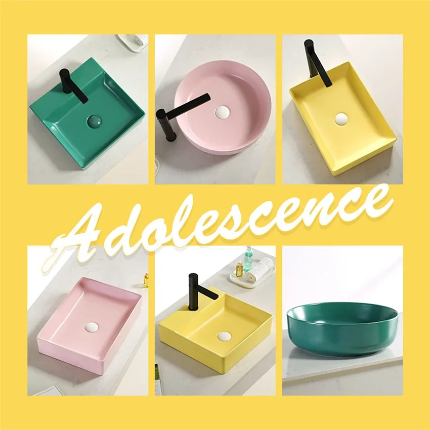 

Nordic Style Counter Basin Multi-colored Square Circular Ceramic Basin Household Wash Basin Green Yellow Pink Bathroom Washbasin