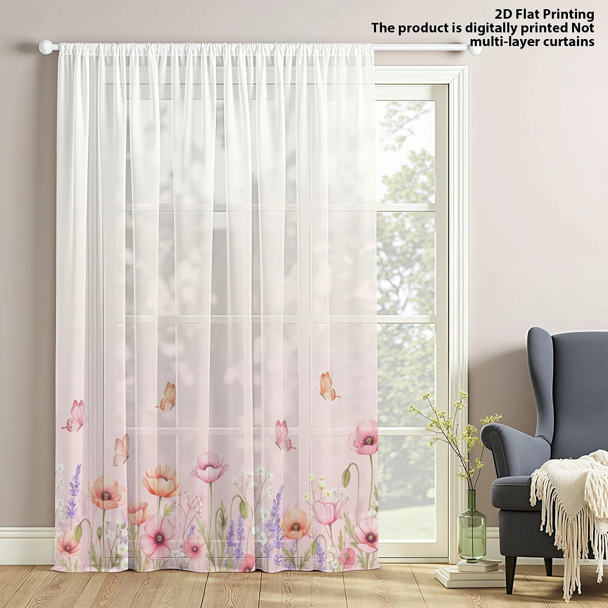 1 PC Poppy Gradient Print Sheer Curtain, Mother's Day 70% Light Filtering Privacy Sheer Curtain for Living Room Bedroom Study