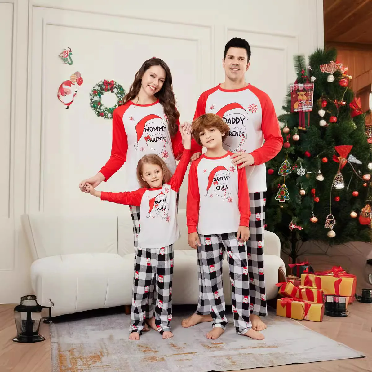 

Autumn and winter 2025 Christmas pajamas, family pajamas red checkered fashionable parent-child home set, baby one-piece pajamas