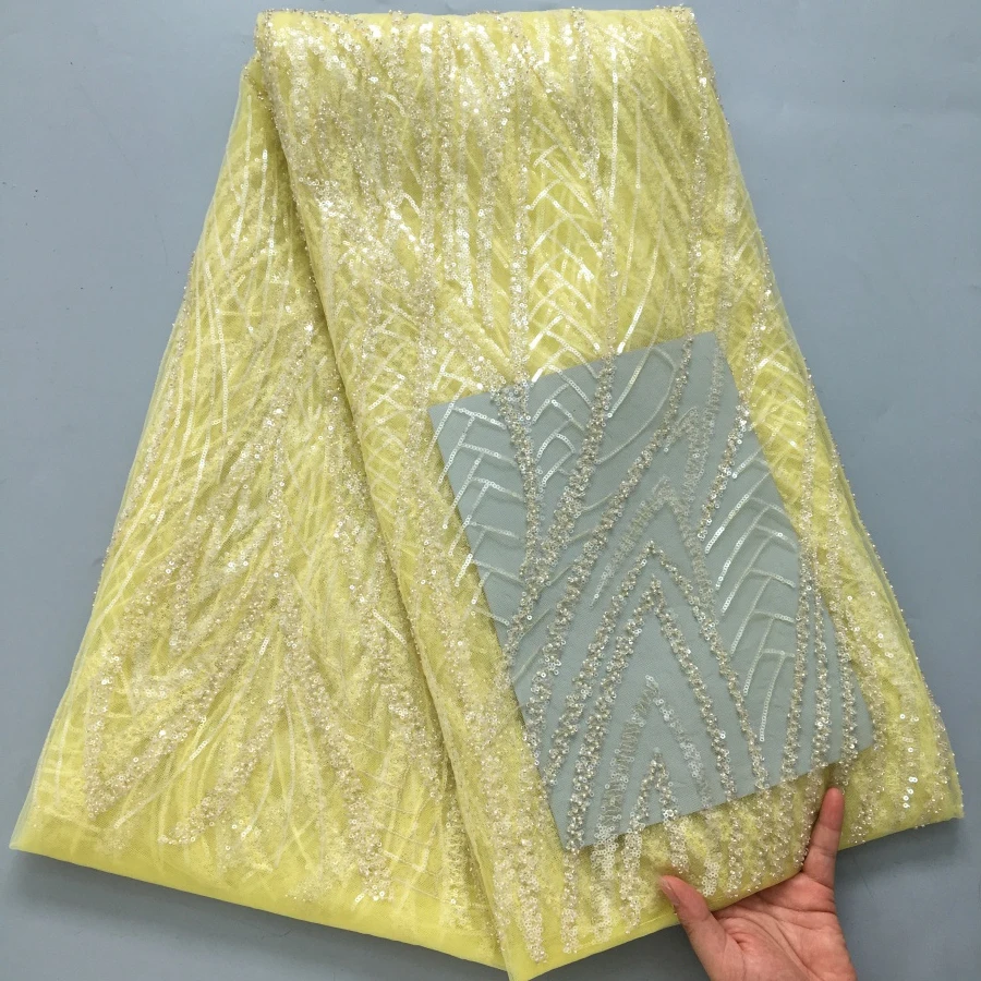 

​Multi-Color African Heavy Beaded Lace Fabric | Geometric Sequin Bridal Material For Evening Gowns & Decor​