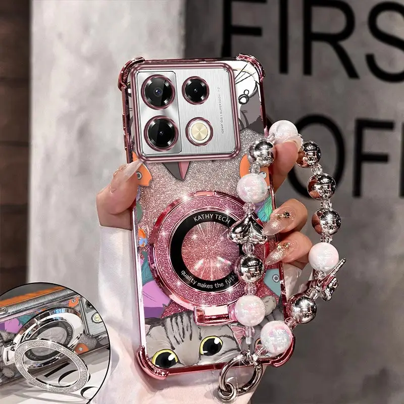 

Note 40Pro Happy Cat Plating Браслет-держатель Чехол для телефона Infinix Note 40 40proplus 50 30 50Pro Smart 8 7 Spark 20Pro G0 Чехол