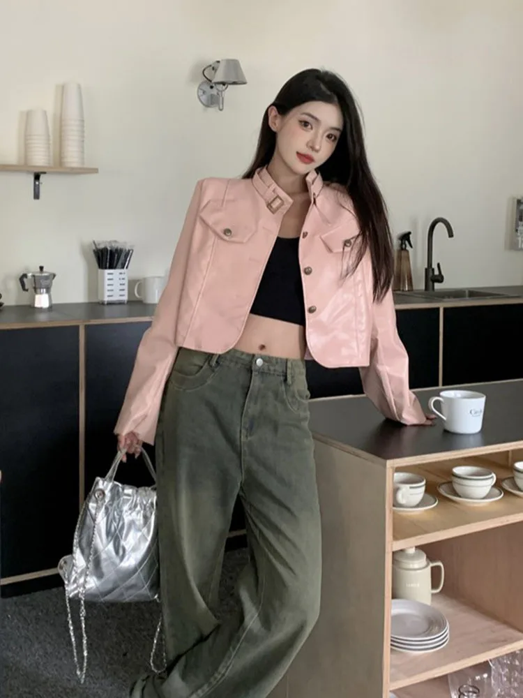 Spring 90s Vintage Long Sleeves Leather Cropped Jacket for Women Coat Solid Pink Windbreaker Korean Fashion Y2k Autumn Outer