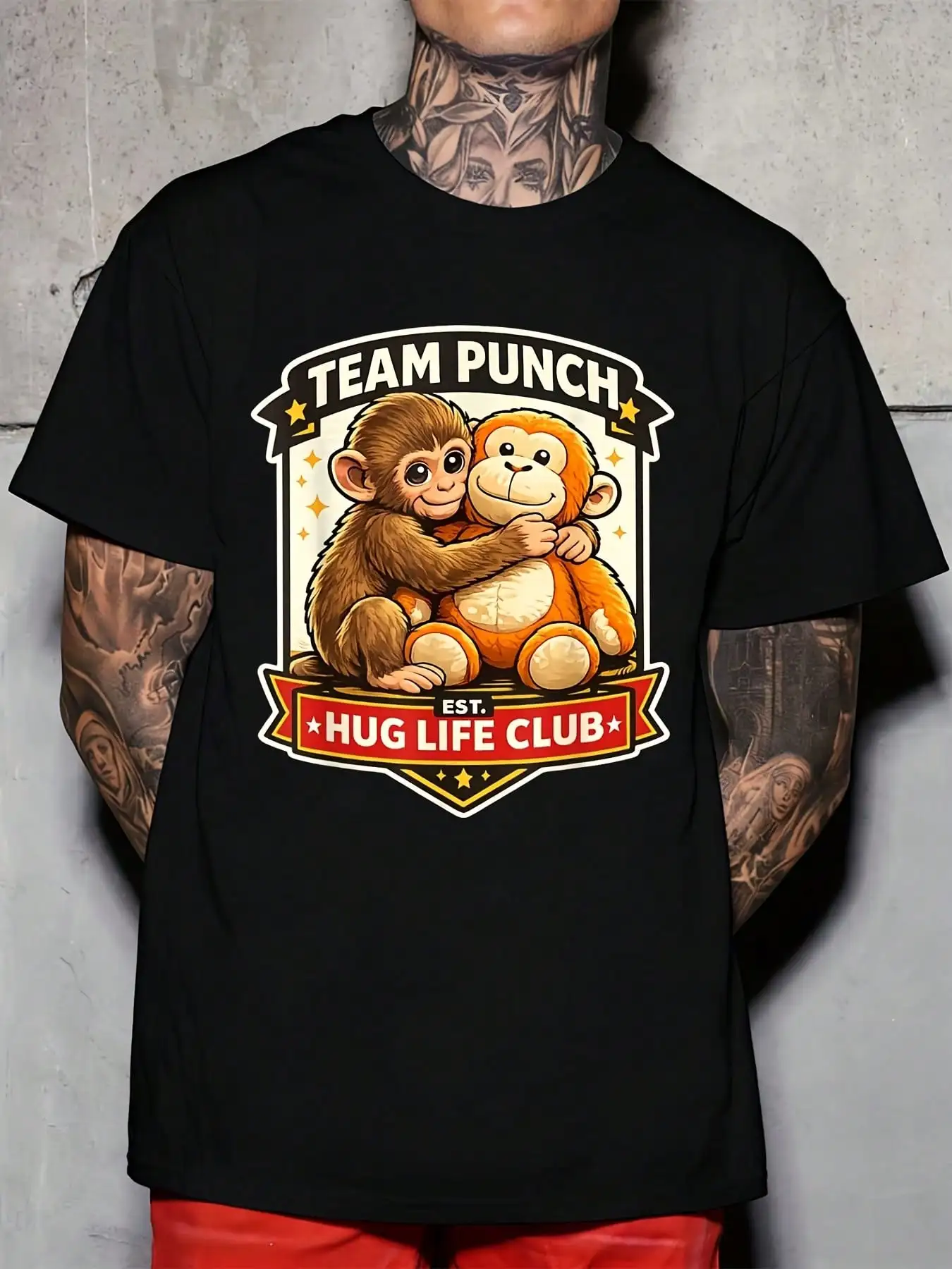 Team Punch Hug Life Club Monkey Hugging Design Men Round Neck T-Shirt Casual Wear For Everyday And Holiday 220g