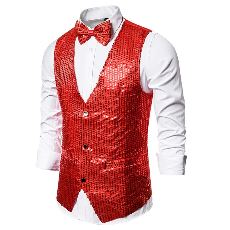 Mens Sequin Vest Wedding Party Groom Best Man Host Master of Ceremonies Fashion V-Neck Vest Jacket Stage Performance Dress Vests