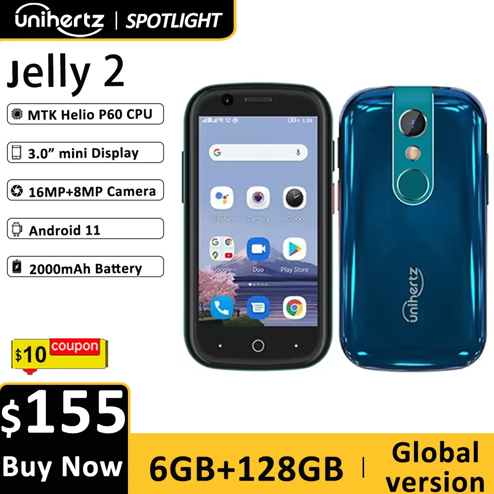 Unihertz Jelly 2 4 inch Mini Smartphone Android 11 Helio P60 Octa Core Unlocked 6GB 128GB NFC Cellphone 16MP Infrared Phone