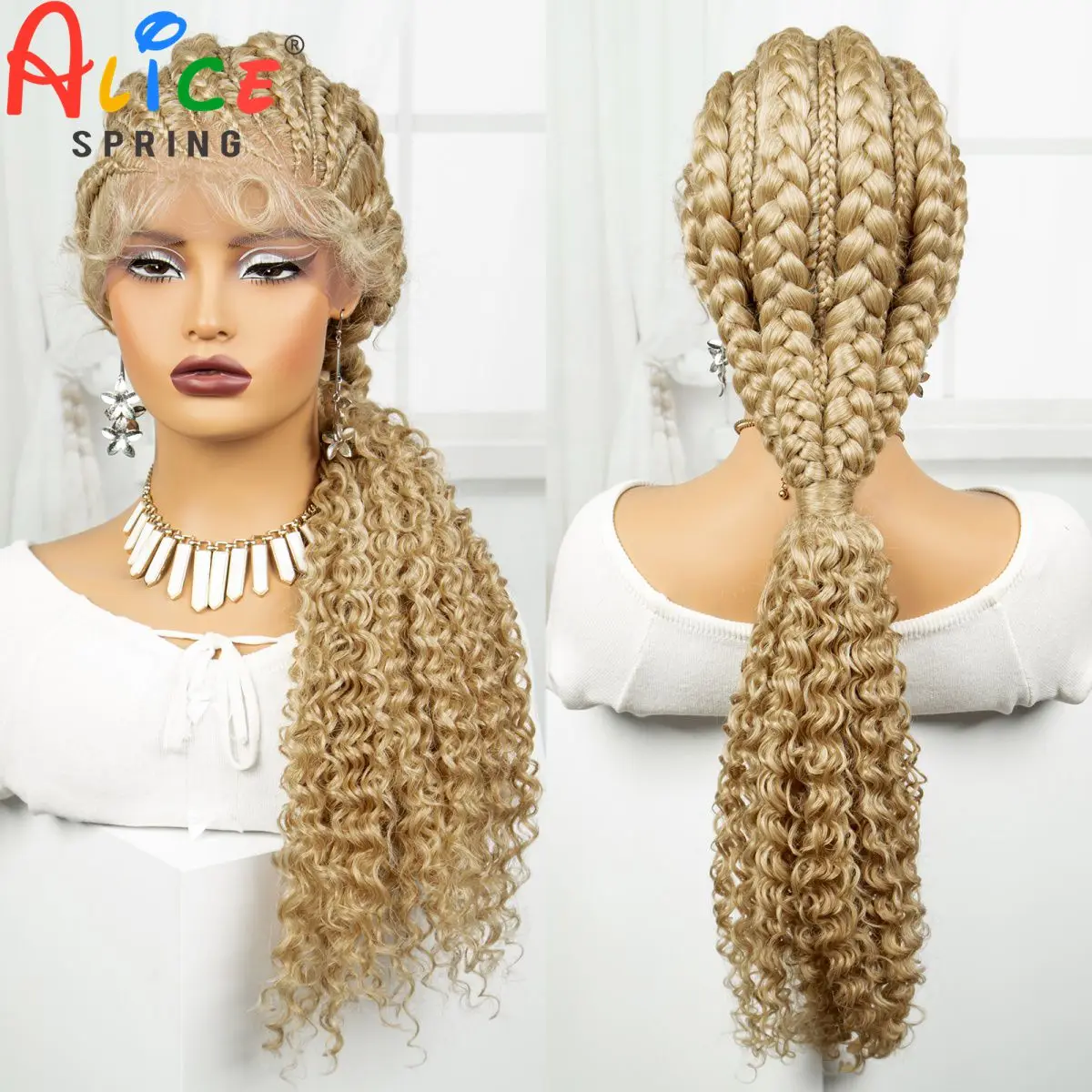 28 Inch Blonde Knotless Cornrow Braided Wigs With Baby Hair Synthetic Lace Frontal Braids Wigs with Curly Ends For Black Women