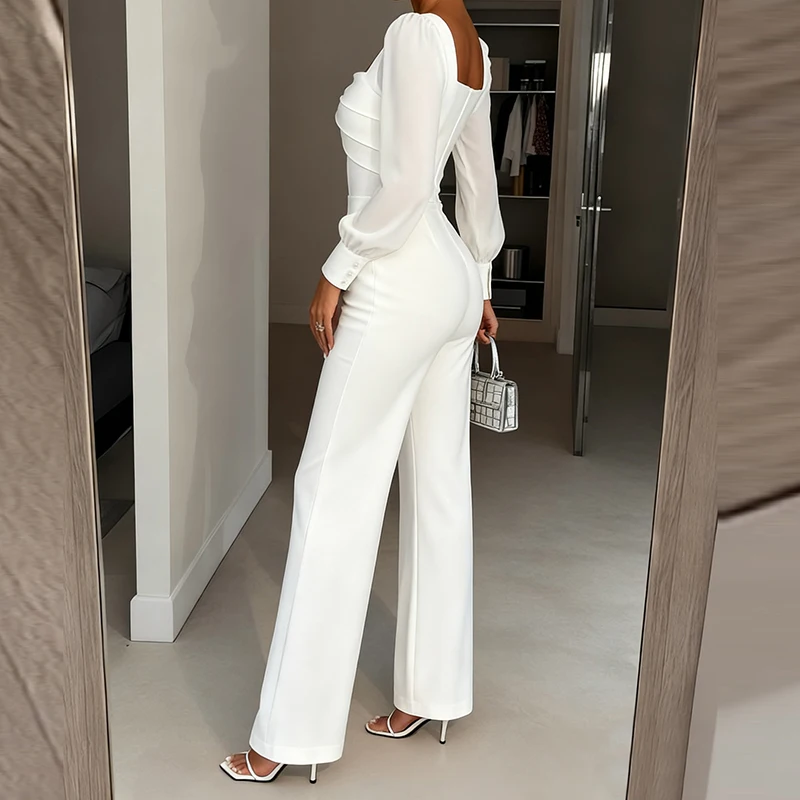 

Fashion Square Collar Hight Wausr Long Jumpsuit Women's Casual Long Sleeve Solid Party Romper Elegant Backless Office Playsuits