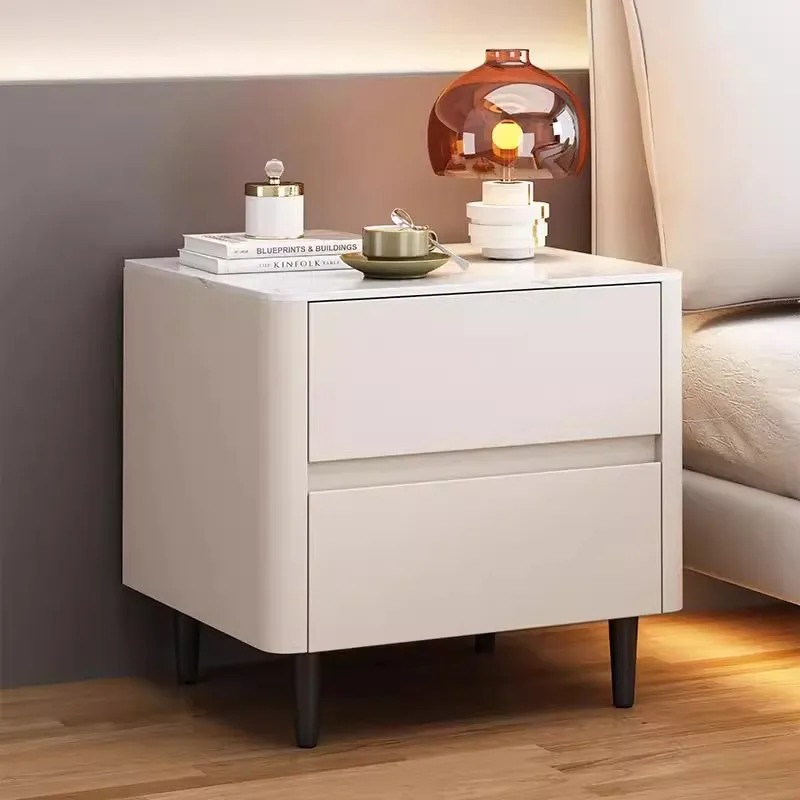 

All solid wood bedside table Cream wind light luxury bedside table Simple modern bedroom locker Leather rock slab cabinet