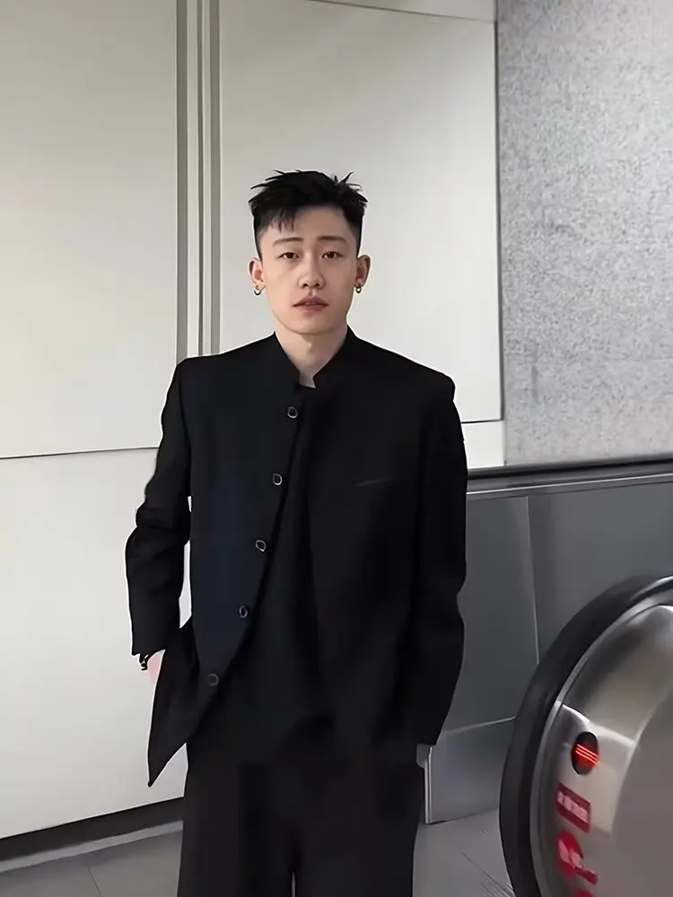 

New Chinese Sle Men's Suit Jaet Slim Fit Casual Wedding Western Coat Trendy Tang Costume Polyester Fiber Straight Hemline