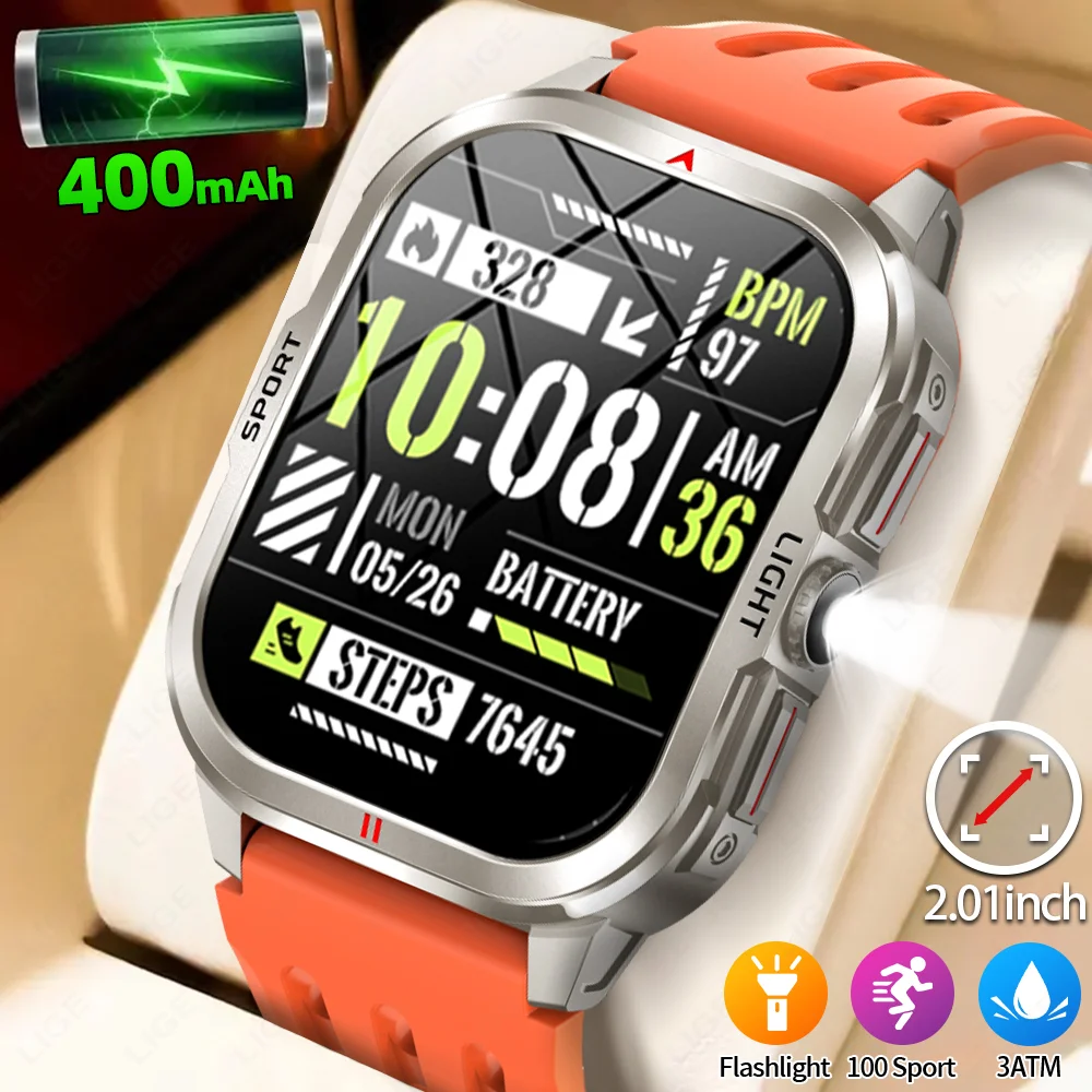 

LIGE New Smartwatch 2025 3ATM Waterproof Flashlight Outdoor Sports Fitness 2.01" HD Voice Call Clock Smart Watch for Men Women