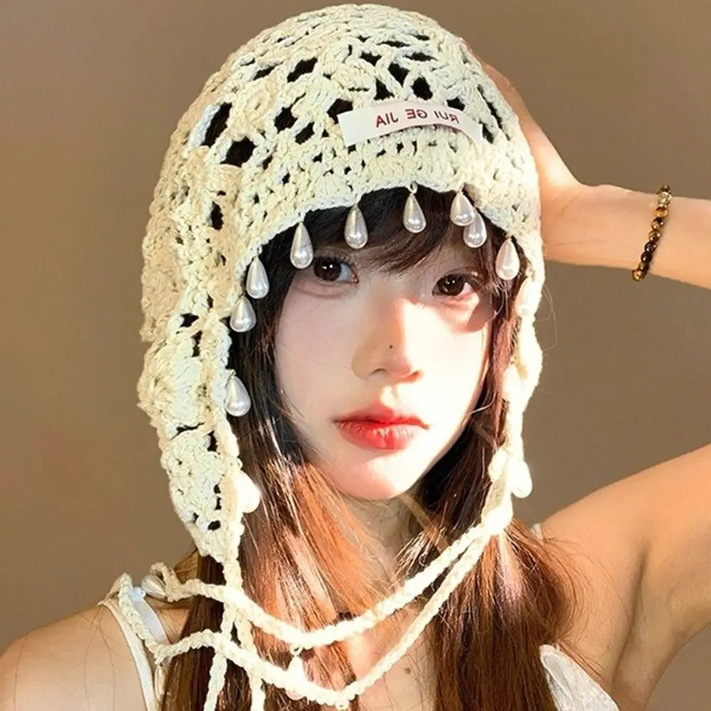 

Korean Handmade Crochet Tassels Cap Pearls Y2k Knitted Beanies Caps Sweet Hollow Weave Basin Hats Outdoor