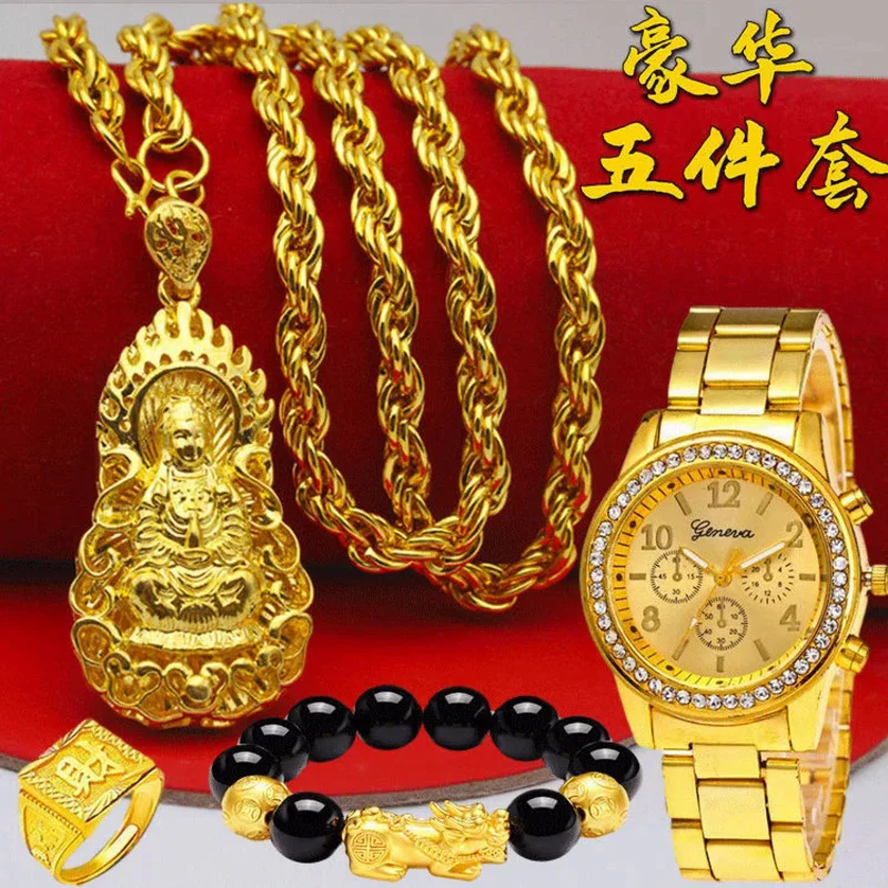 Gift Plated 100% Real Gold 24k 999 Watch 999 Necklace Men\'s Aggressive 999 Large 999 Chain Thick New Style Pure 18K Gold Jewelry