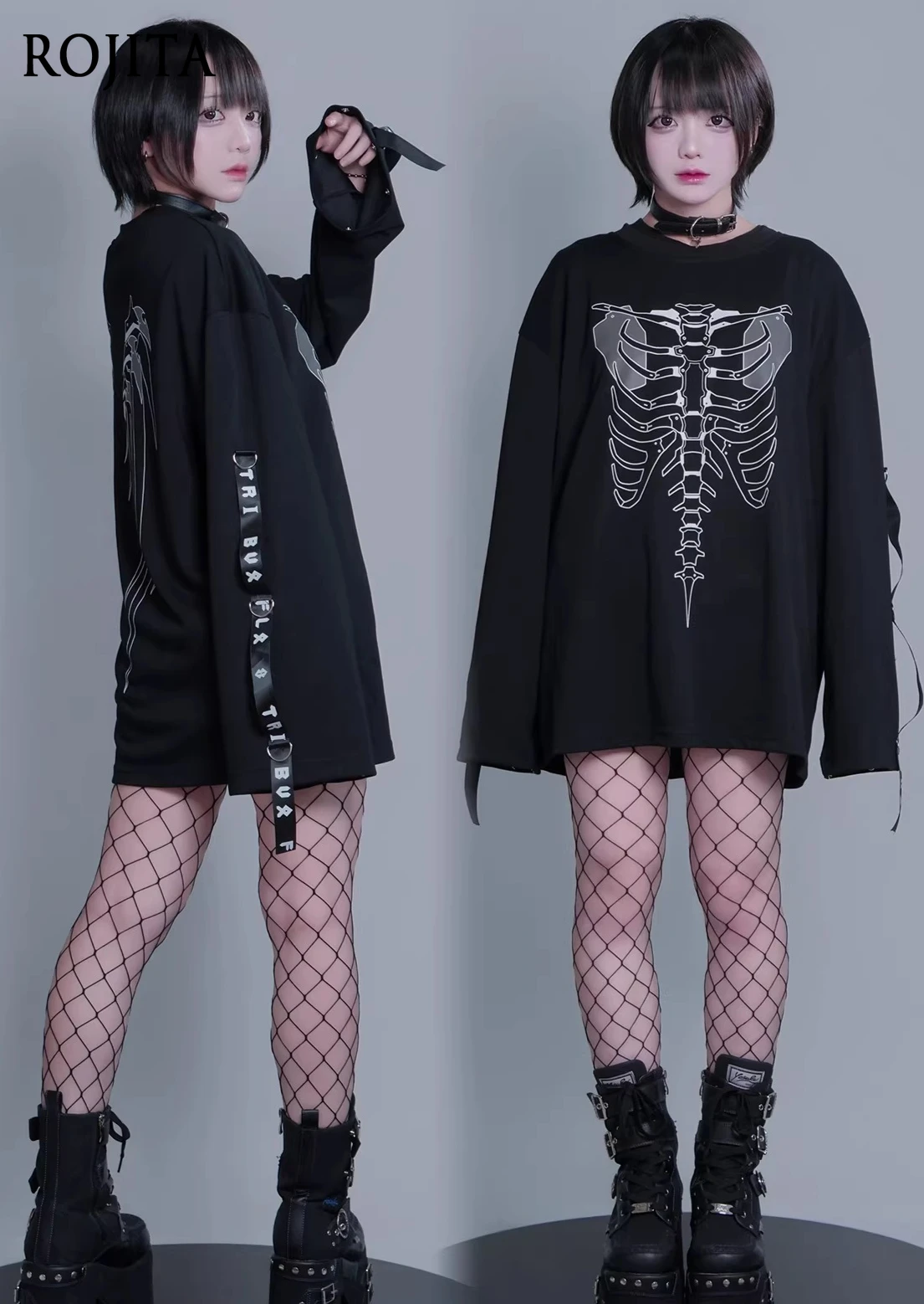 

Removable Sleeve Ripped Printing Loose Black Top 2026 Spring New Original Dark Subculture Cotton Super Long-sleeved Top