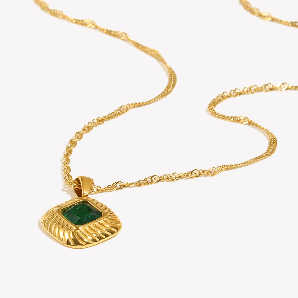 E.B.belle Winter Autumn Fashion Square Texture Zircon Pendant Necklace Green Black White Pink Vintage Stainless Steel Necklace