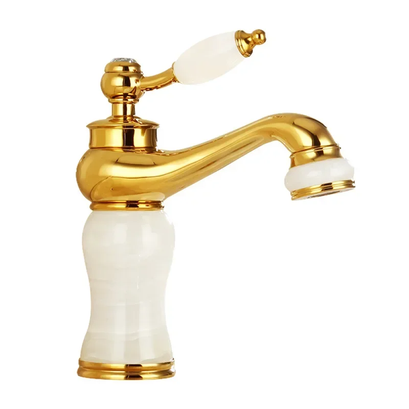 

French All-copper Natural Jade Sink Basin Hot and Cold Faucet Gold Household Splash-proof Faucet