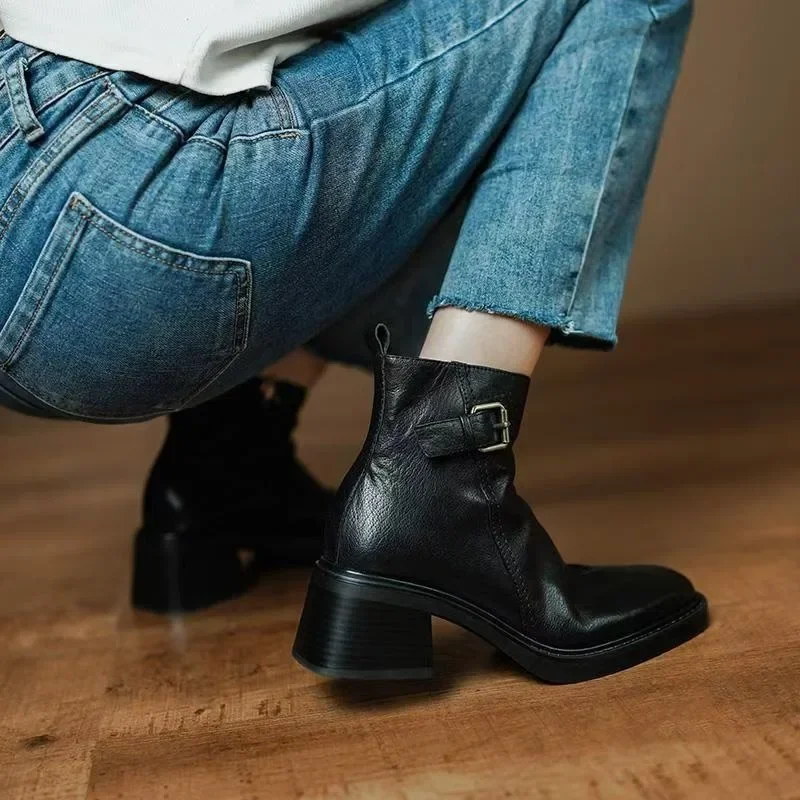 Short Boots for Women 2024 New Round Toe Square Heel Side Zipper Women's Boots Retro Versatile Leather Mid-heeled Shoes Female image 5