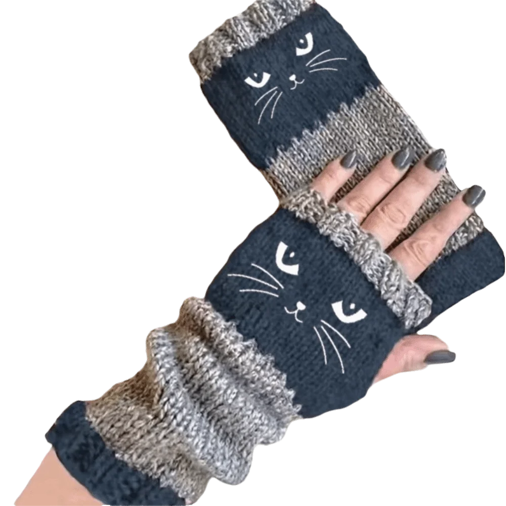 Thickened Knitted Fingerless Gloves Thick Soft Half Finger Gloves Color Block Windproof Cat Embroidery Gloves Office Typing