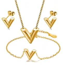 316L Stainless Steel Brand V Letter Pendant Necklace Bracelet Earrings Jewelry Set For Woman Luxury Female Costume Accessories