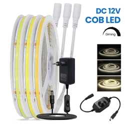 Ściemnialna taśma COB 12V z zasilaczem 320 diod/M 3000K 4000K 6000K czerwono-różowo-żółta elastyczna lampka LED