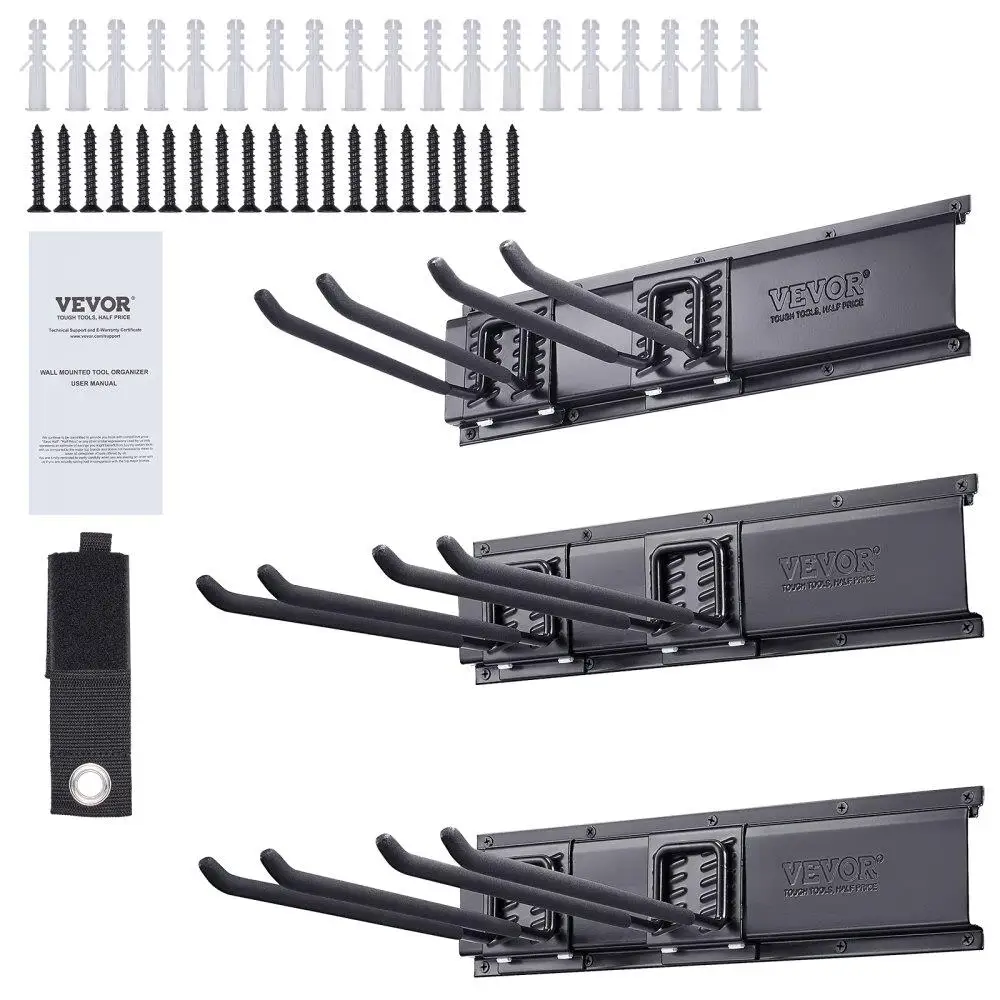 

HeavyDuty WallMount ToolOrganizer 6AdjustableHooks 3Rails 600lbsLoadCapacity GardenStorageRack for ShovelsTrimmersHoses